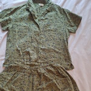 Light Green Floral Button-Up Top and Shorts Set